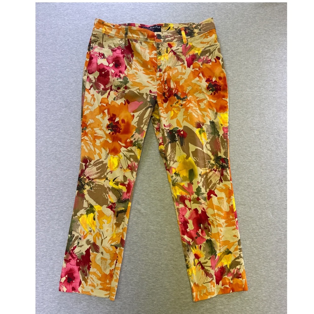 Peck & Peck Floral Ankle Pants Womens 12 Multi Color Stretch Cotton Straight Leg